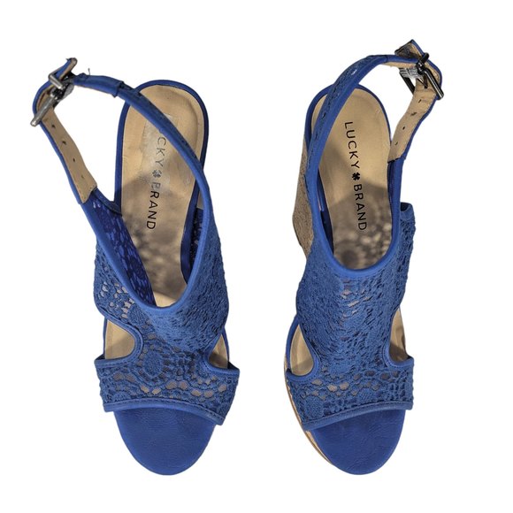 Lucky Brand RAZIAH Blue Lace Material Upper 5" inch Cork Wedge Heel Sandals 7.5M - Picture 5 of 6